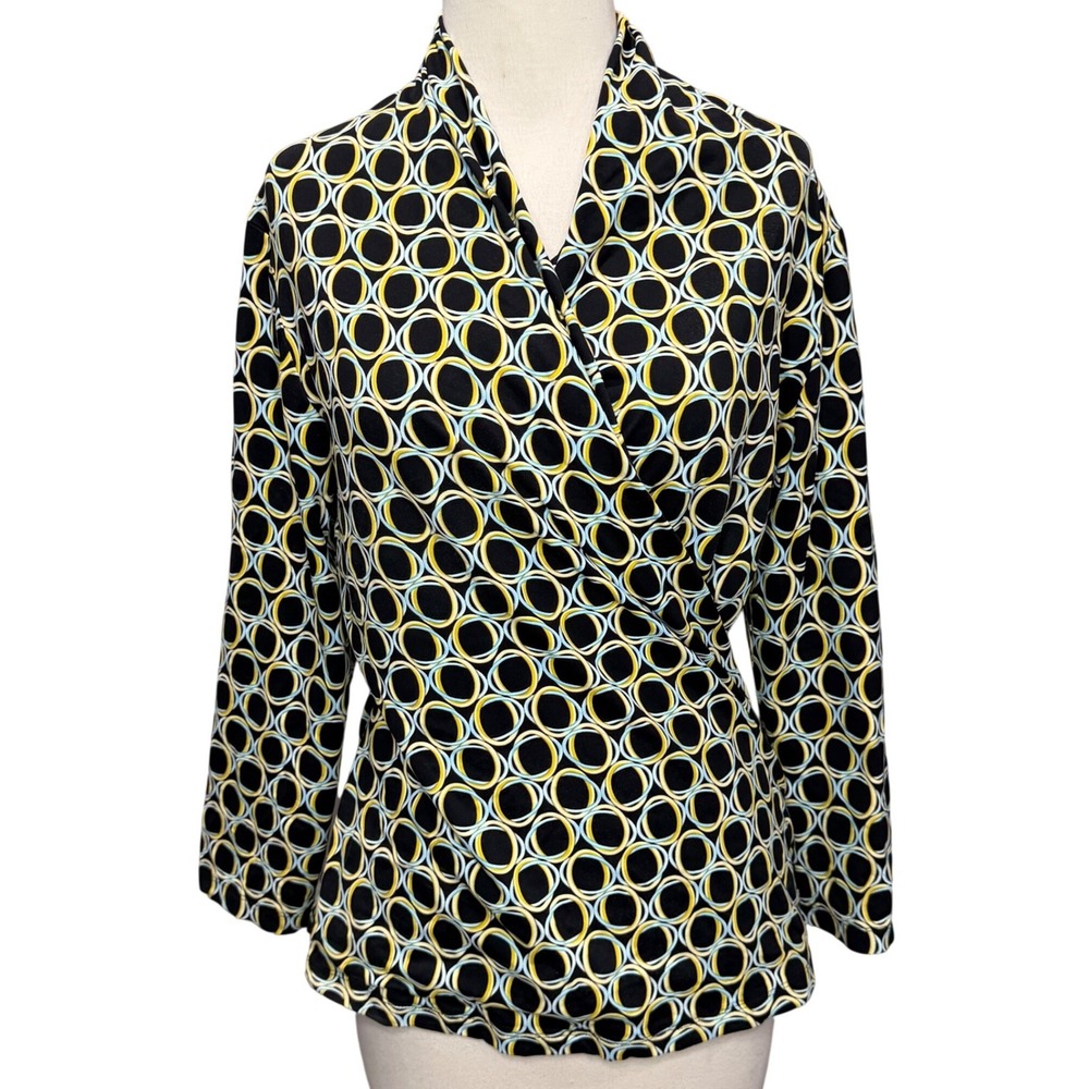 J McLaughlin Catalina Cloth Faux Wrap Top Womens M Black Geometric Smart Casual
